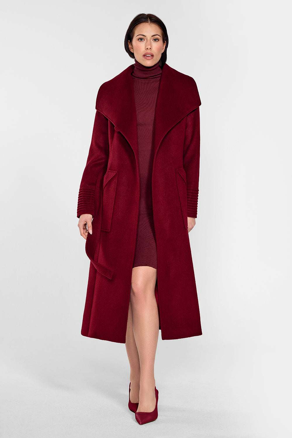 Long Wide Collar Wrap Garnet Red Coat | SENTALER