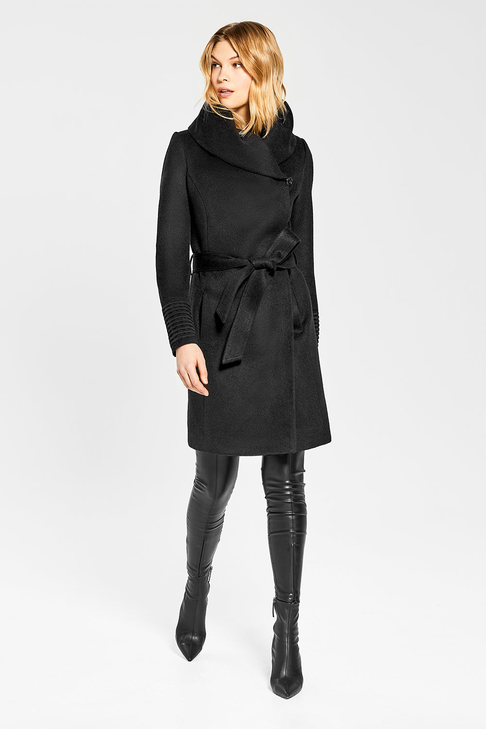 SENTALER Bouclé Alpaca Long Hooded Wrap Coat in Black - Size S