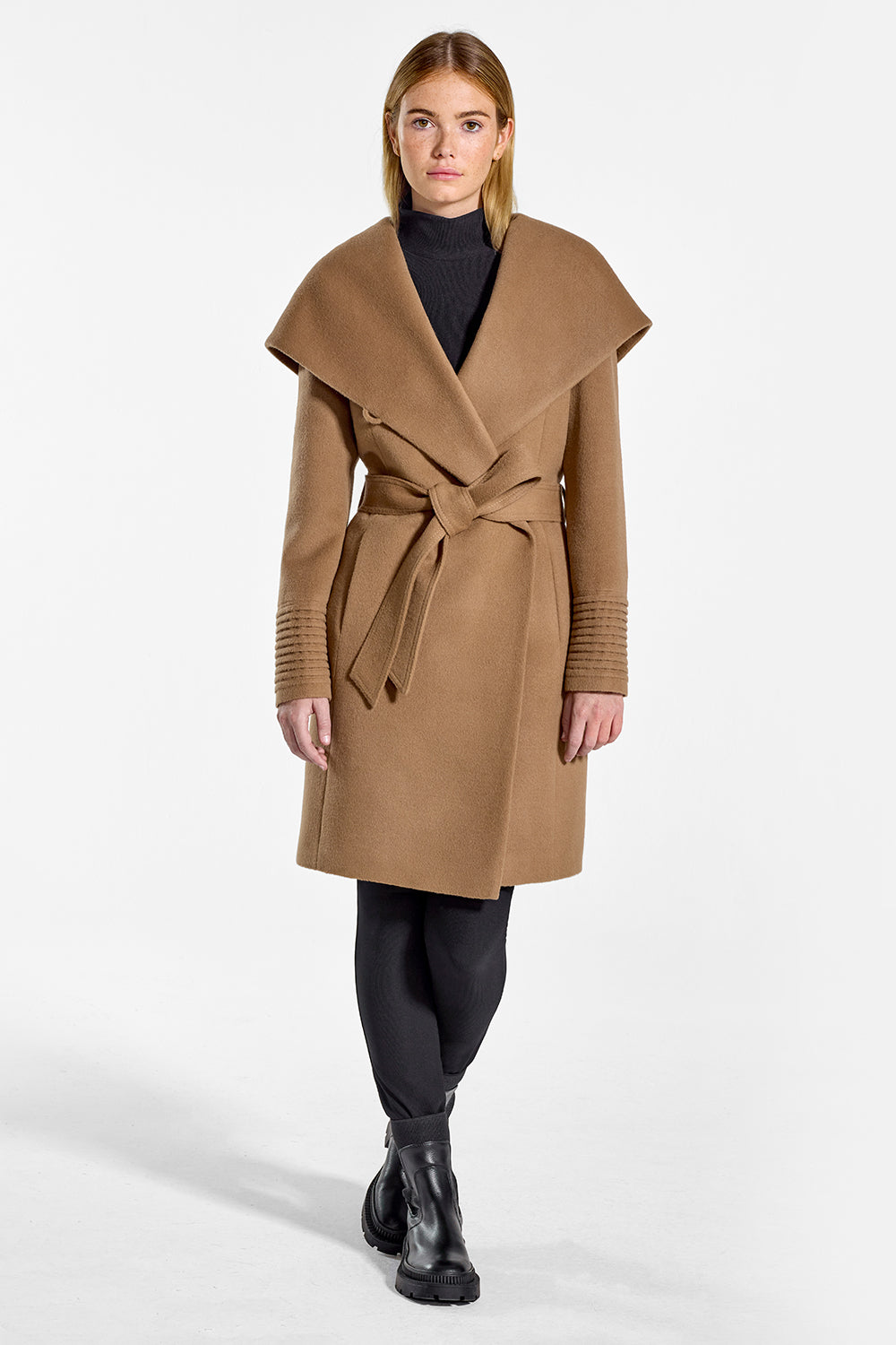 SENTALER Bouclé Wool & Alpaca Blend Wrap Coat in Dark Camel