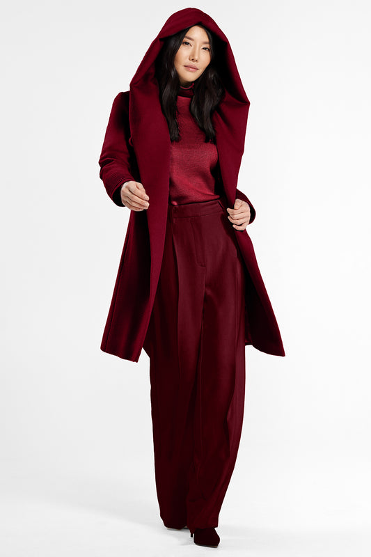 Sentaler Mid Length Hooded Wrap Coat featured in Baby Alpaca and available in Garnet Red. Seen from front open.
