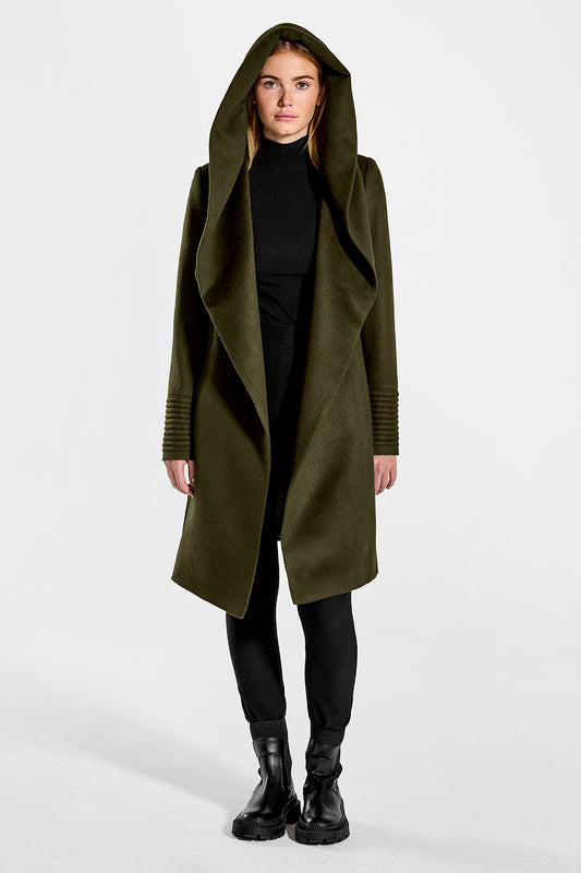 Sentaler Mid Length Hooded Wrap Coat featured in Baby Alpaca and available in Olive. Seen from front open with hood on model.