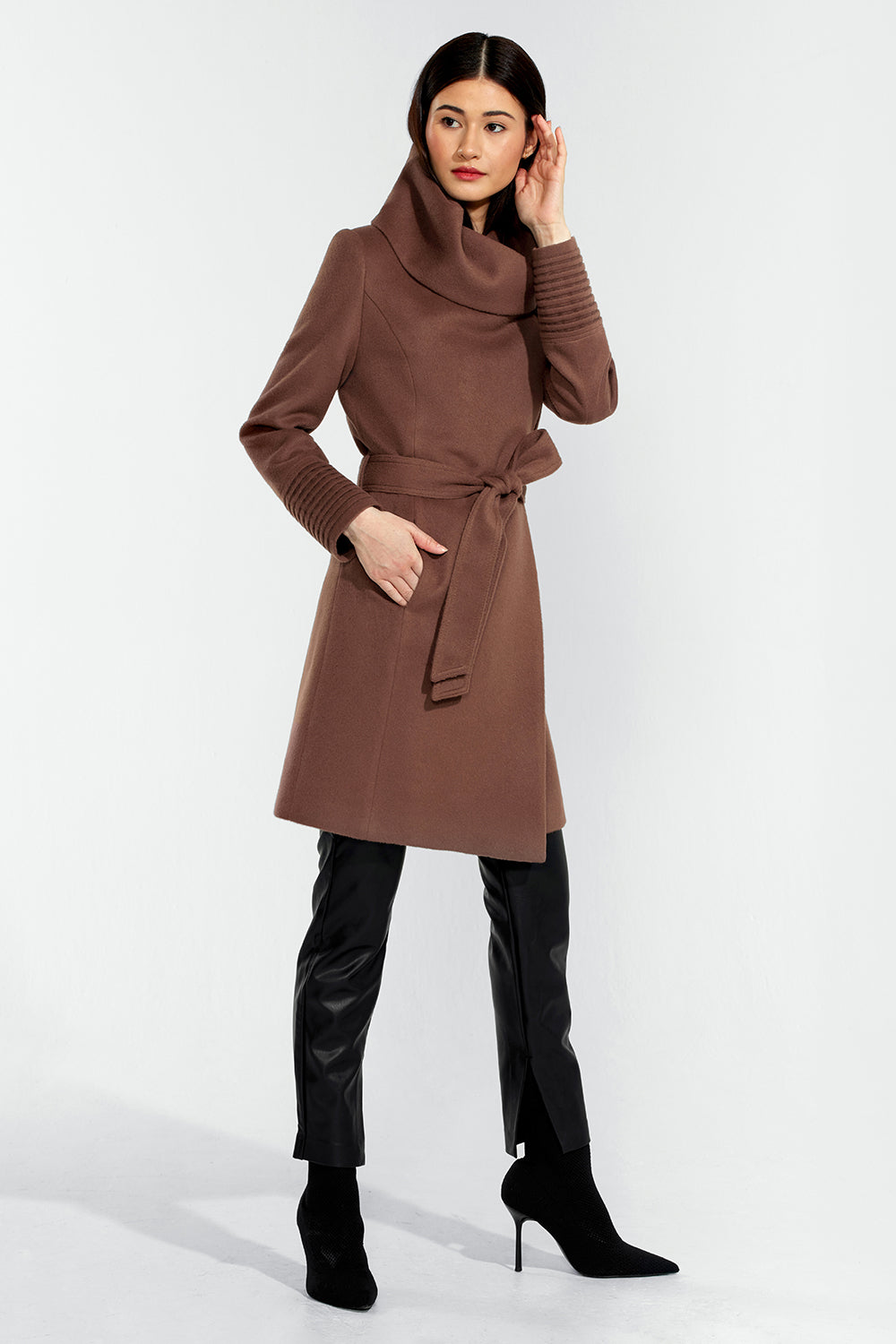 SENTALER Mid Length Hooded Wrap Coat in Dark Camel - Size S