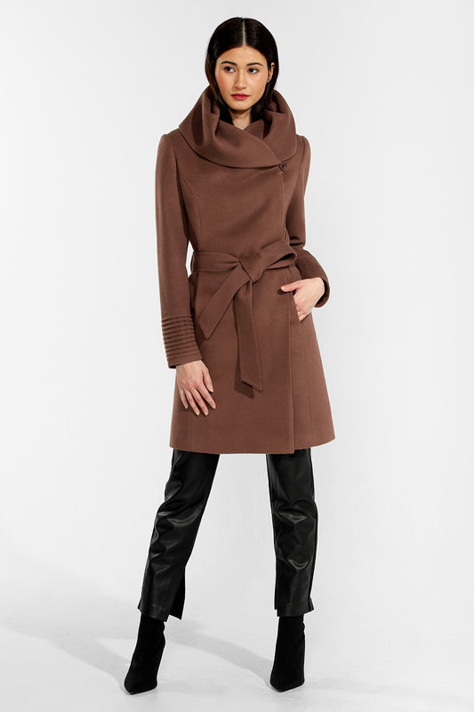 Sentaler Mid Length Hooded Wrap Coat featured in Baby Alpaca and available in Sepia. Seen from front.