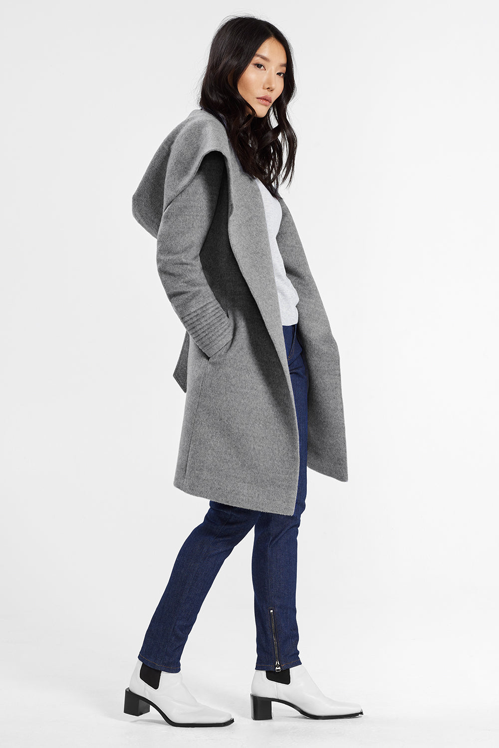 Mid Length Hooded Wrap Shale Grey Coat | SENTALER