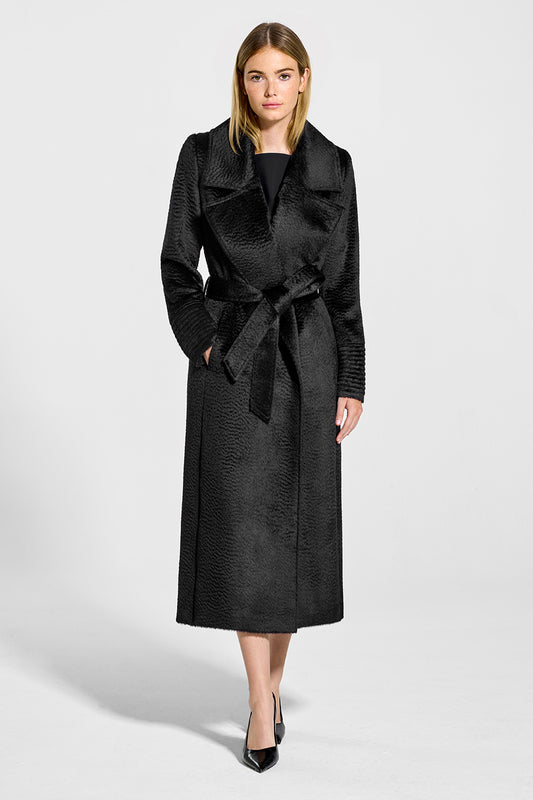 Sentaler Suri Alpaca Long Notched Collar Wrap Coat featured in Suri Alpaca and available in Black. Seen from front on model.