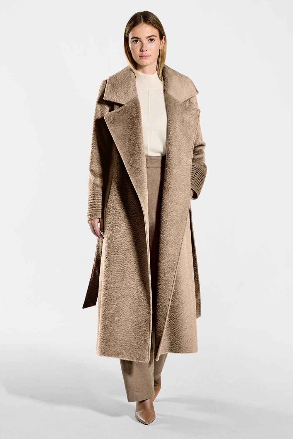 Suri Alpaca Long Notched Collar Wrap Hazelnut Coat | SENTALER
