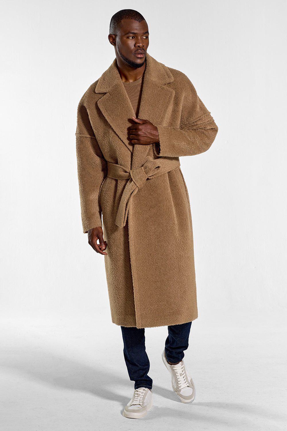 SENTALER Technical Bouclé Alpaca Robe Coat in Dark Camel - Size L