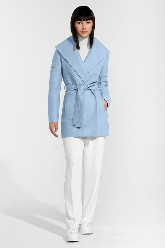 Sentaler Wrap Coat with Double Ribbed Detail featured in Superfine Alpaca and available in Glacial Blue. Seen from front on model.