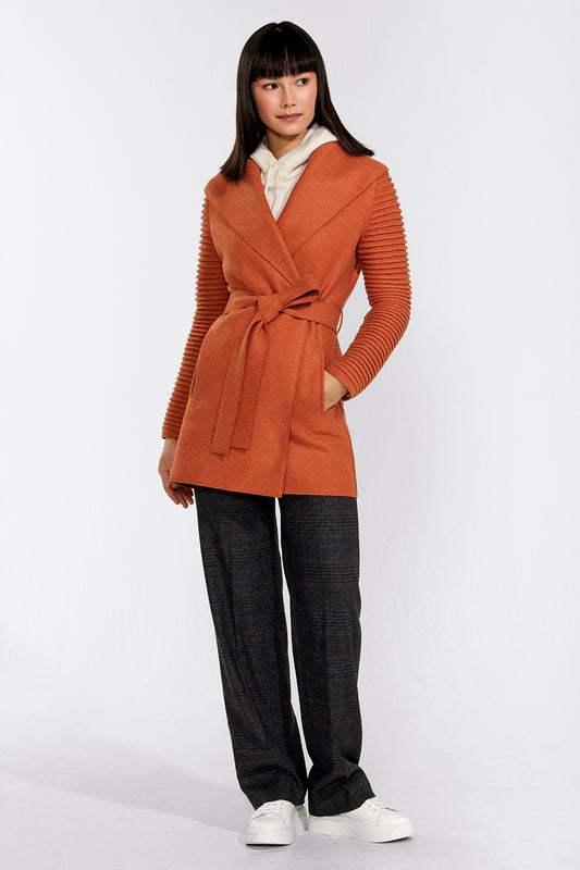 Sentaler Wrap Coat with Ribbed Sleeves featured in Superfine Alpaca and available in Orange Oxide. Seen from front.